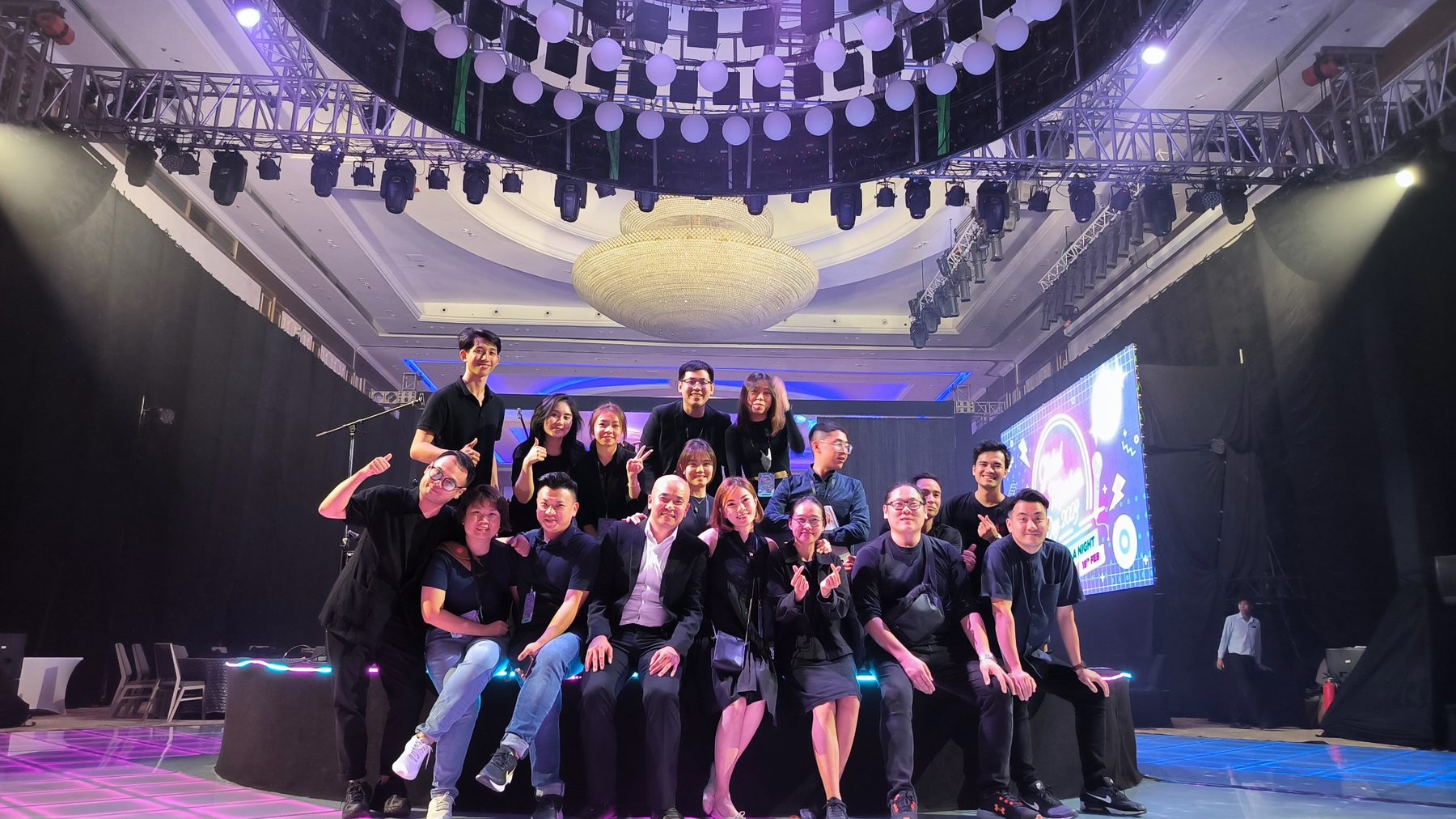 Second crew group photo on the empty gala stage