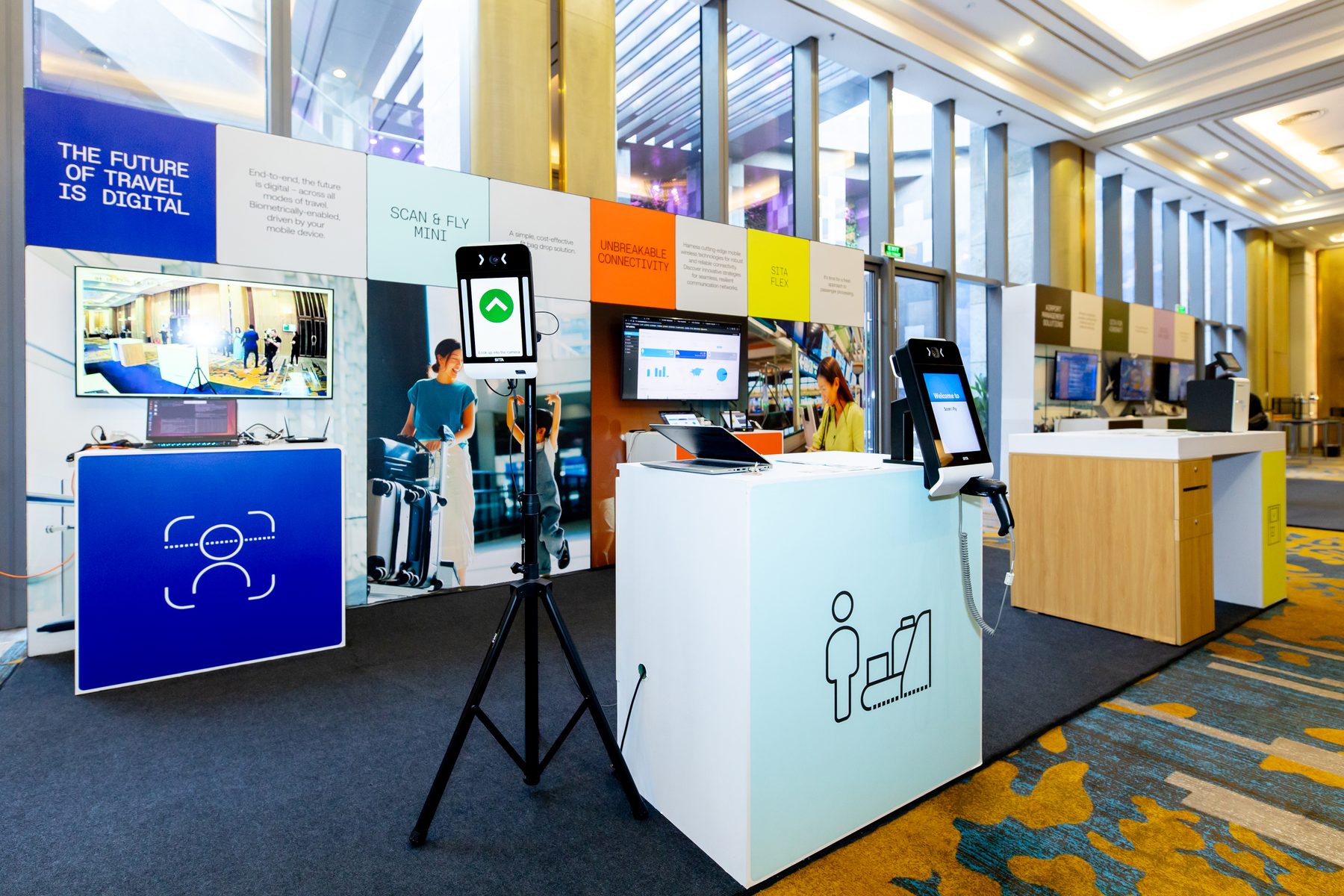 Exhibition demo pods for The future of travel is digital and Scan and Fly