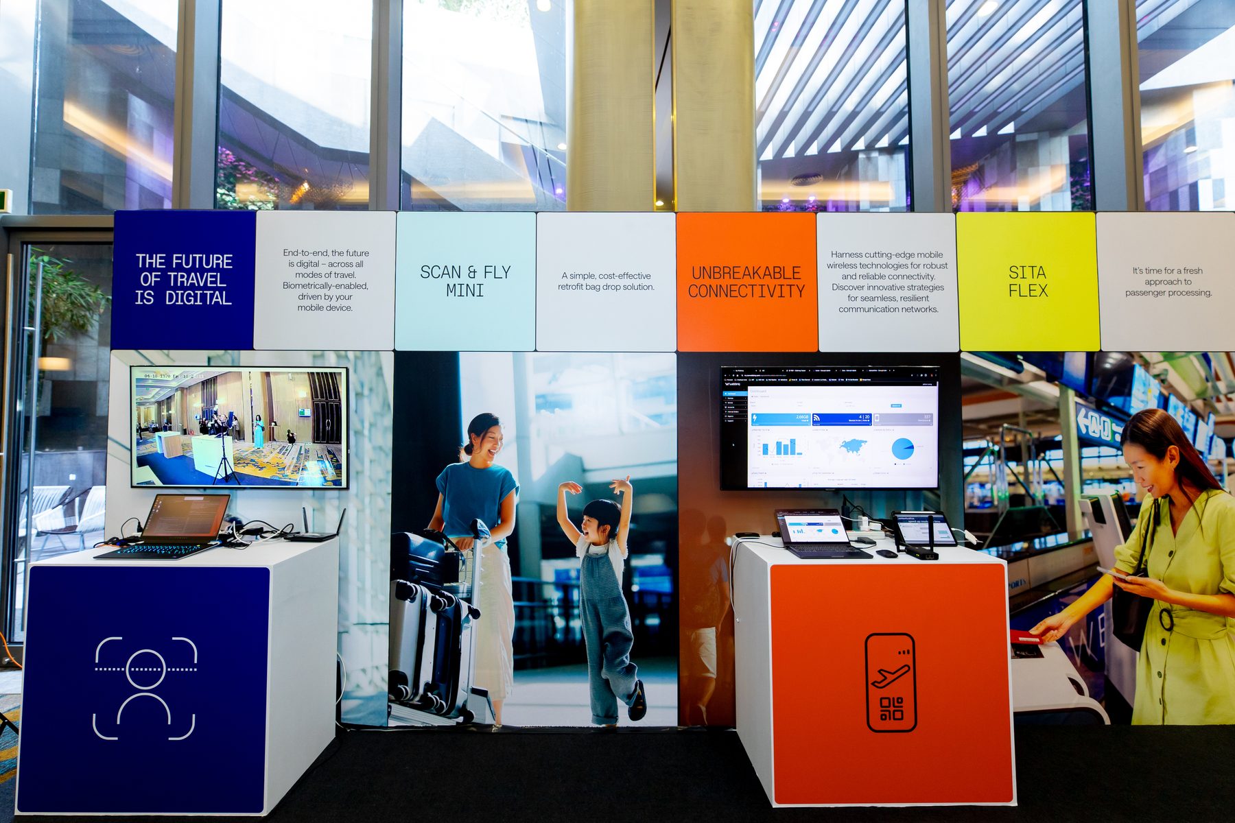 Exhibition pods for Unbreakable connectivity and SITA Flex with working screens