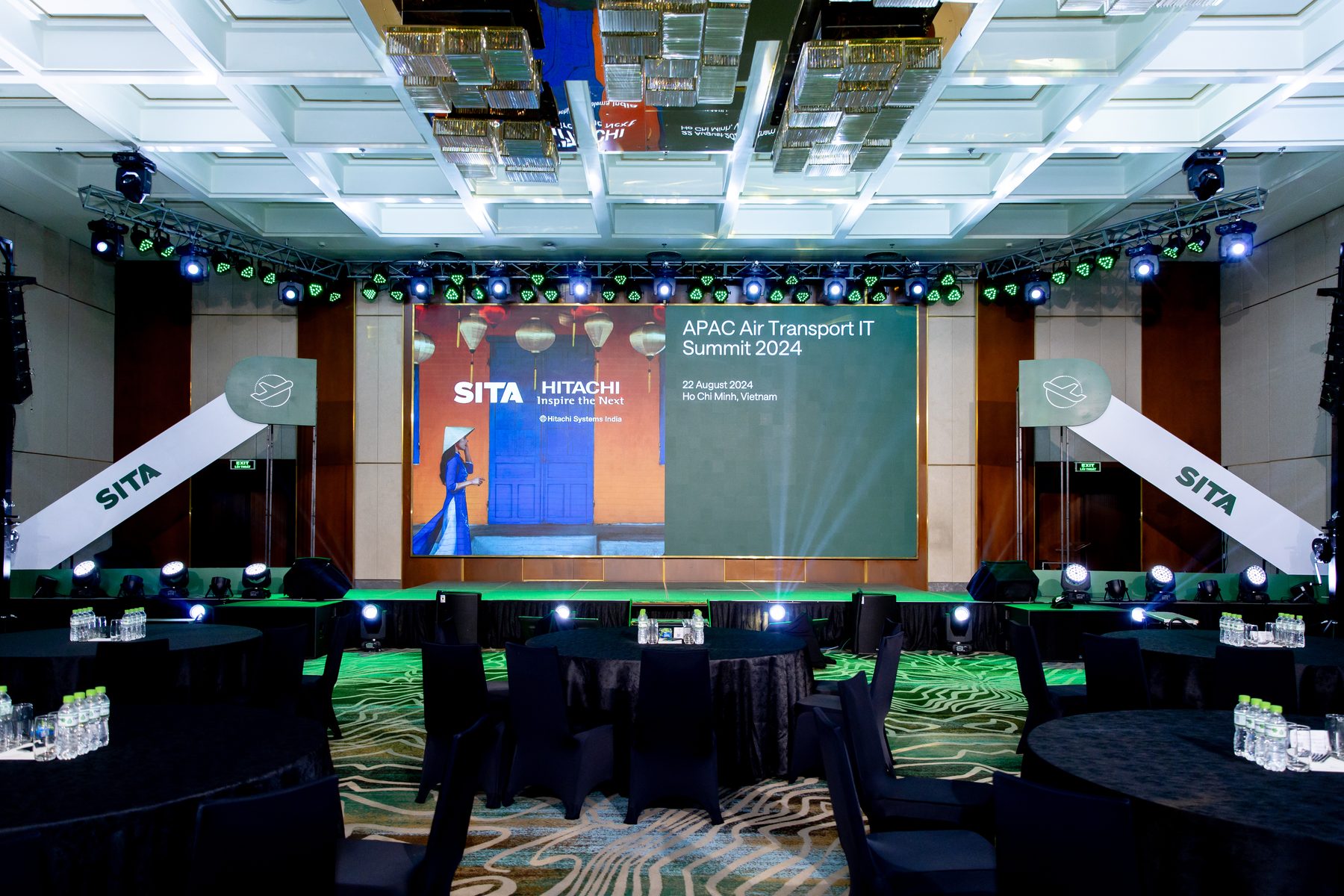 SITA and Hitachi co-branded LED wall graphic naming the APAC Air Transport IT Summit 2024