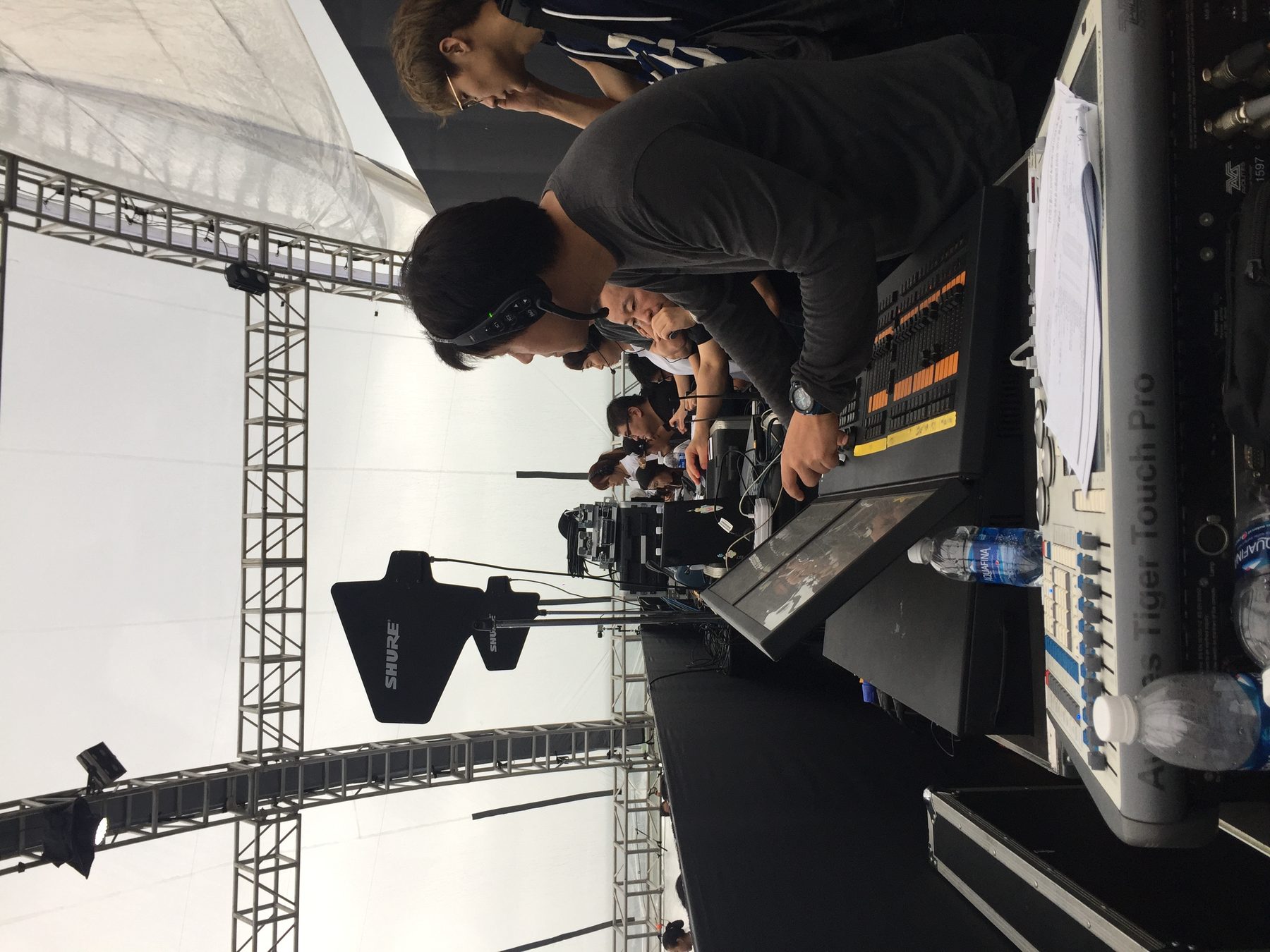 Camera operator on a crane or dolly filming the gala from the balcony
